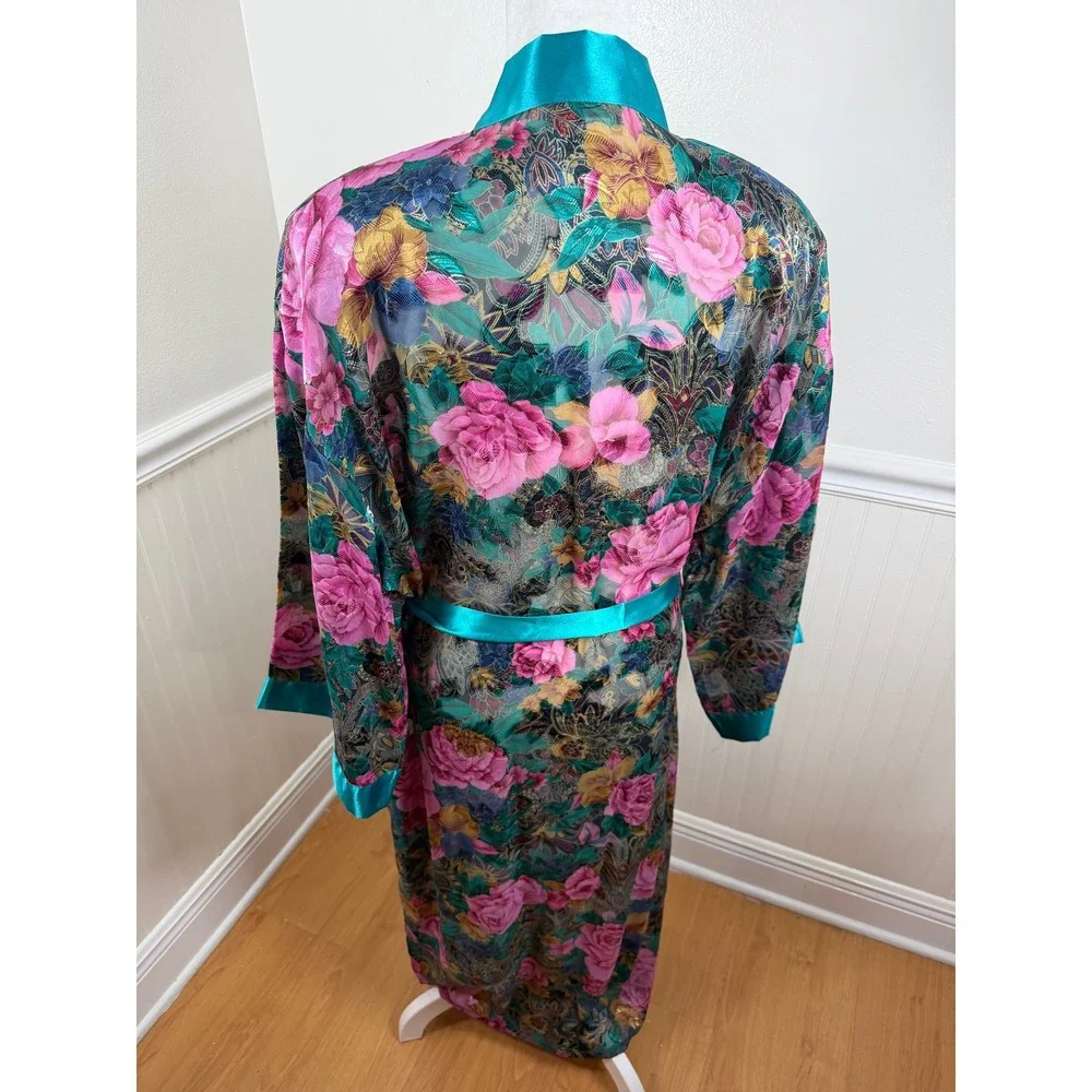 Inner Most Sears Vintage Long Floral Kimono Robe Teal‎ Trim Sheer Women Size L